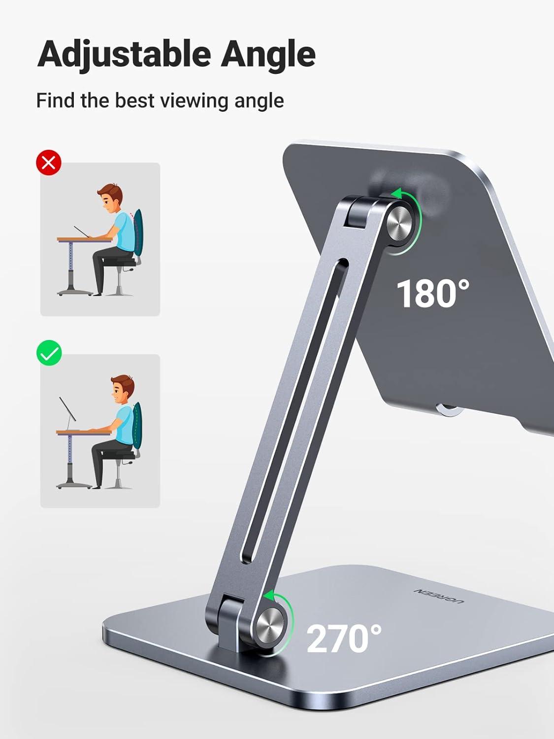 UGREEN Tablet Stand for Desk, Aluminum Stand for iPad Extended Height, Adjustable Foldable Portable Desktop Stand Holder for iPad Pro 12.9 11 9.7 10.5 iPad Air Mini Galaxy Surface iPhone 14 Pro, Grey
