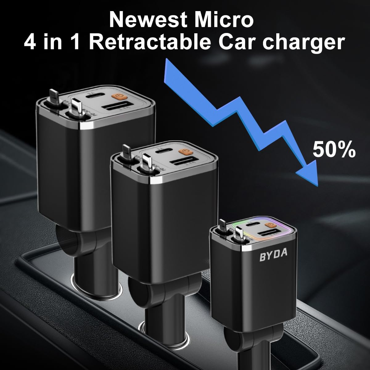4 in 1 Retractable Car Charger,69W Fast Charging USB C for iPhone 16/15/14/13/12,iPad,Android,Galaxy,Pixel,Cigarette Lighter Adapter (Light-ning+USB-C)