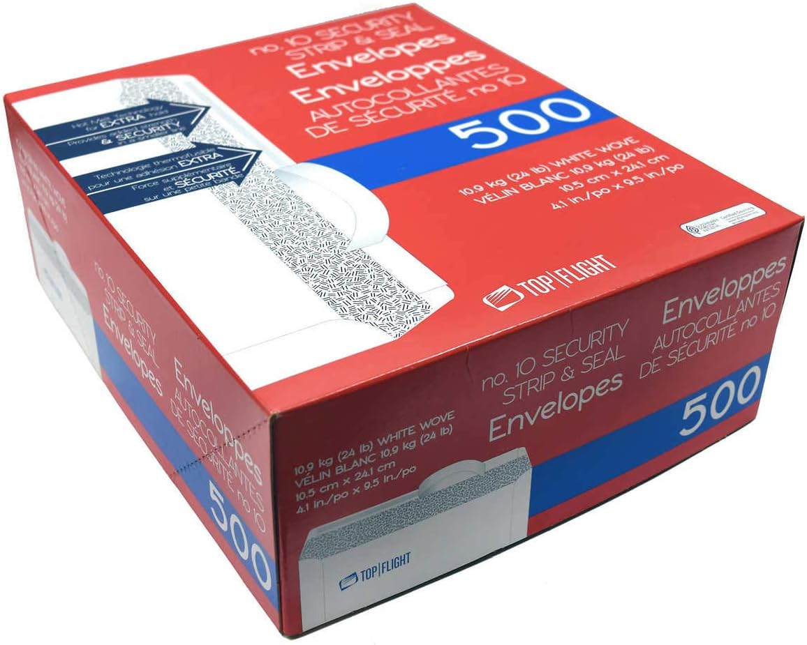 Top Flight PSTF10NWT #10 Envelopes, Strip & Seal, Security Tinted, White Paper, 24 lb, 500 Count