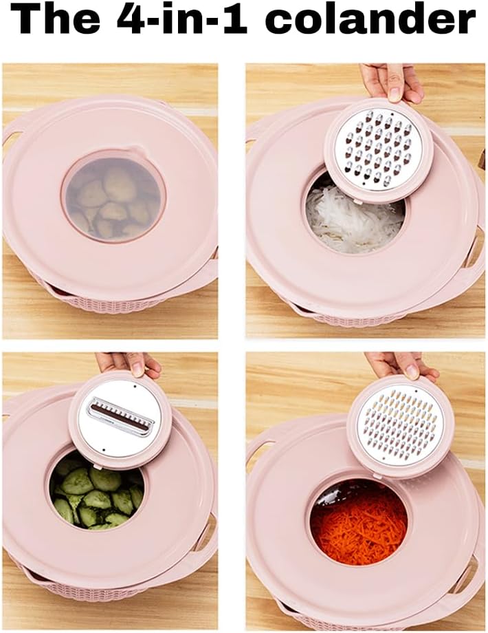 4 in 1 Colander with Bowl Set, Double Layer Fruit Cleaner, Salad Spinner, Rotatable Strainers, for Draining Cooked Pasta, Noodles,Vegetables, Fruits and Rice (Beige)