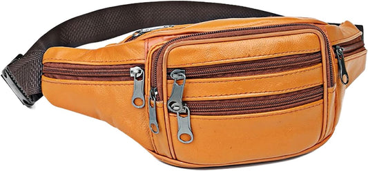 iSunTop Genuine Leather Fanny Pack Waist Bag Waterproof Hip Belt Bag Organizer with Adjustable Belt Multiple Pockets Waist Pack for Sport Travel Hiking(Khaki)