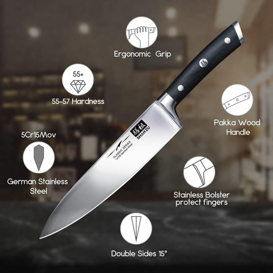 Chef Knife,SHAN ZU Pro Kitchen Knife 8 Inch High Carbon German Stainless Steel Cooking Knife with Ergonomic Handle and Sheath, Rust Free and Wear Resistant, Perfect for Kitchen Home Restaurant