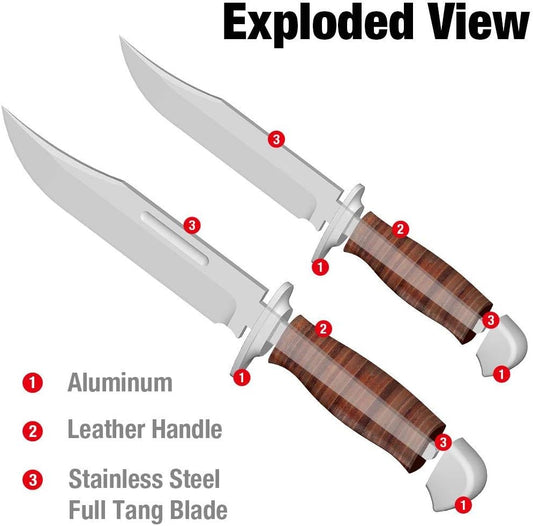 Mossy Oak 2-Piece Bowie Knife, Fixed Blade Hunting Buck Knife Set Leather Handle with Sheath - PuriLite