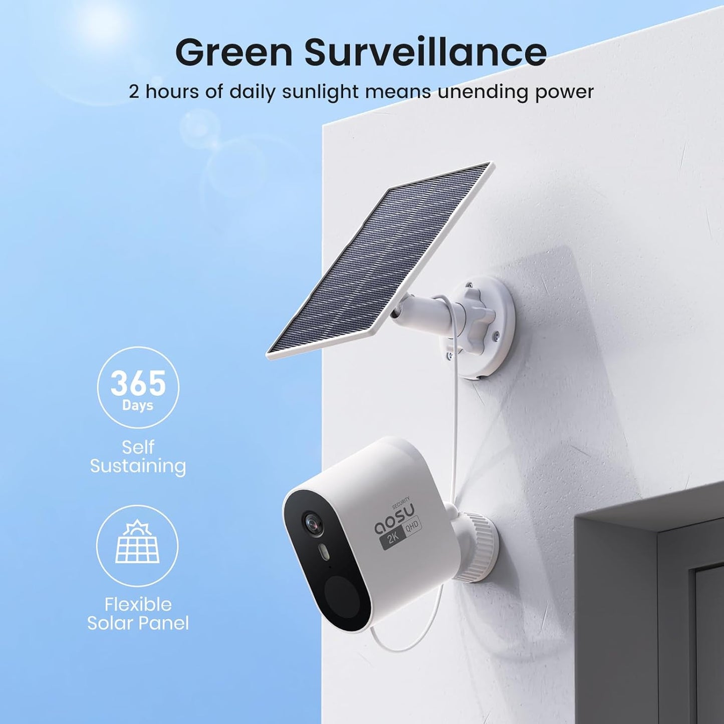 AOSU 2K Solar Security Cameras Wireless Outdoor, WiFi Camera Surveillance Exterieur for Home Security System, 166° View, Color Night Vision, 2-Way Talk, 32GB Homebase Local Storage, No Monthly Fee