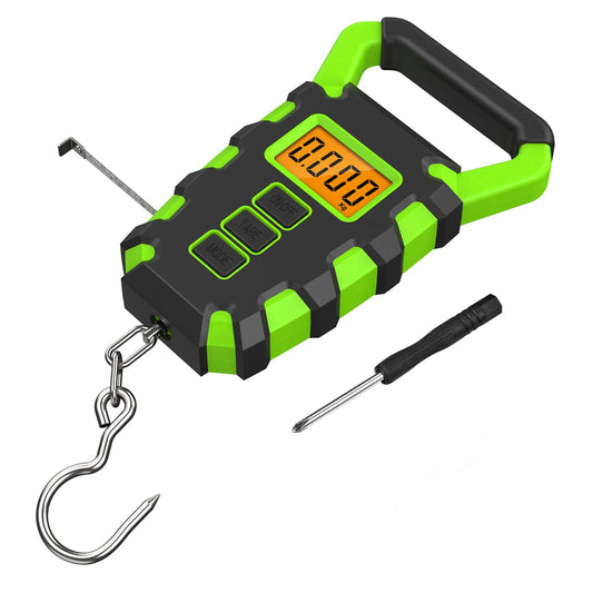JXTZ Digital Fishing Scale, 110 lb / 50 kg Digital Luggage Scale with Backlit LCD Display, IPX4 Waterproof Hanging Scale with Measuring Tape, for Ice Fishing, Home Outdoor, Batteries Included - Green
