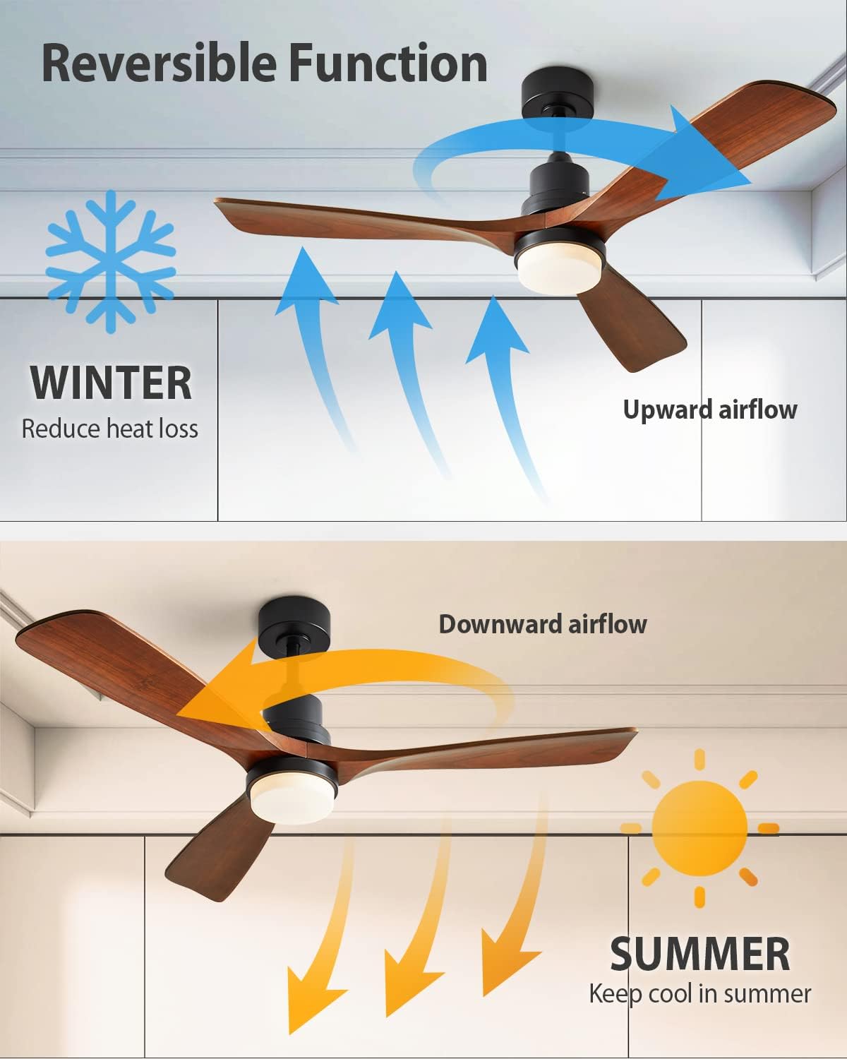 Chriari Ceiling Fans with Lights, 3 Wood Fan Blades, 52" Black Classical Style Fan with Remote Control, Noiseless Reversible DC Motor for Bedroom/Living Room/Study/Porch