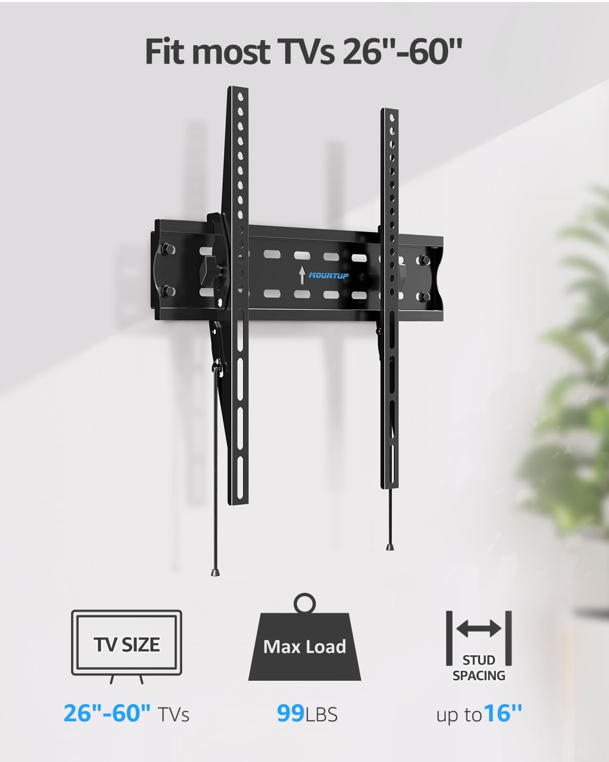 MOUNTUP UL Listed TV Wall Mount, Tilting TV Bracket for Most 26-60 Inch LED LCD OLED Flat/Curved TVs, Low Profile TV Mount Save Spacing - Fits 12" to 16" Stud, Max VESA 400x400mm up to 99 LBS, MU0007