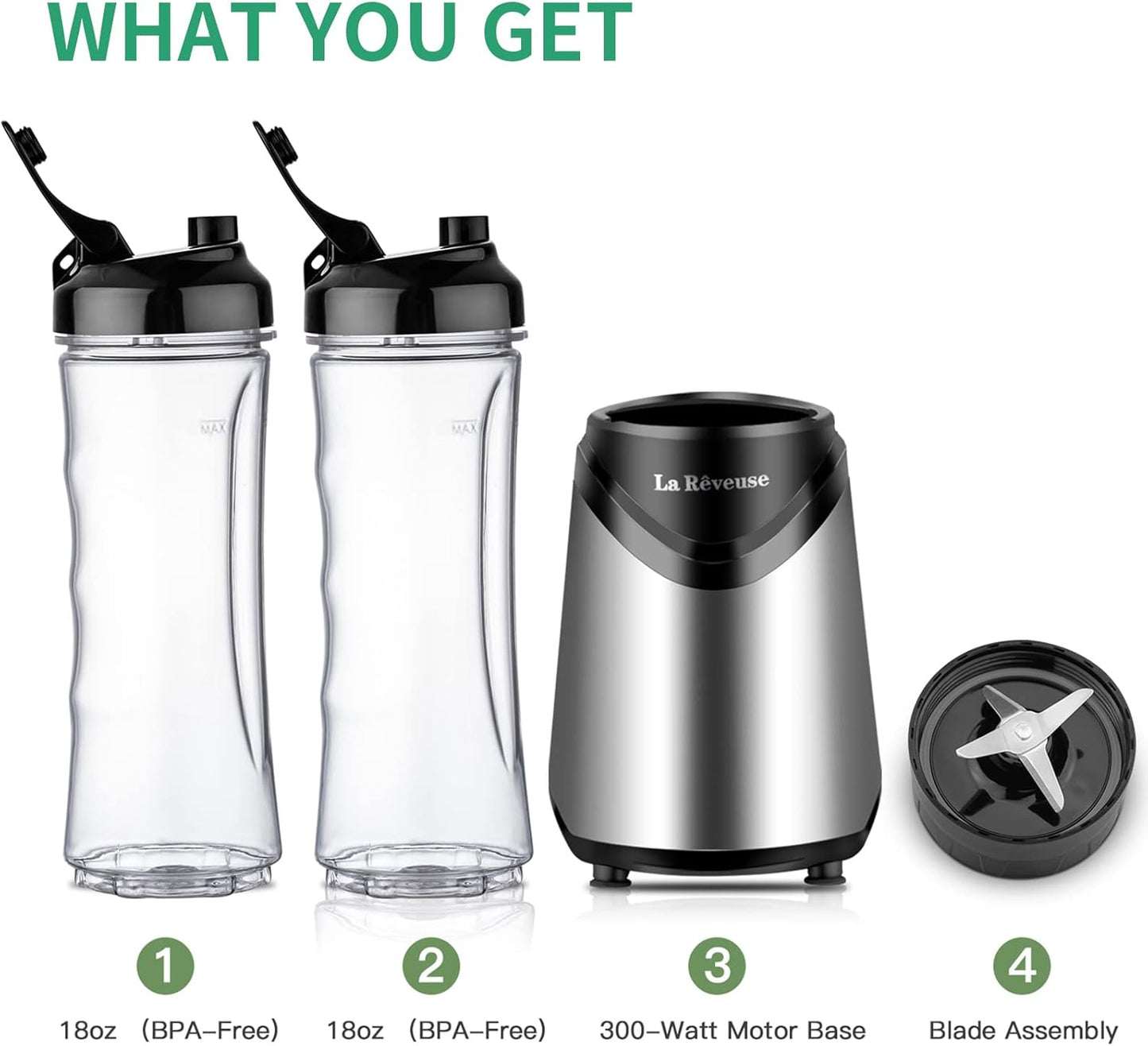 La Reveuse Smoothies Blender Personal Size 300 Watts with 2 Pieces 18 oz BPA Free Portable Travel Sports Bottles (Silver 2 Cups)