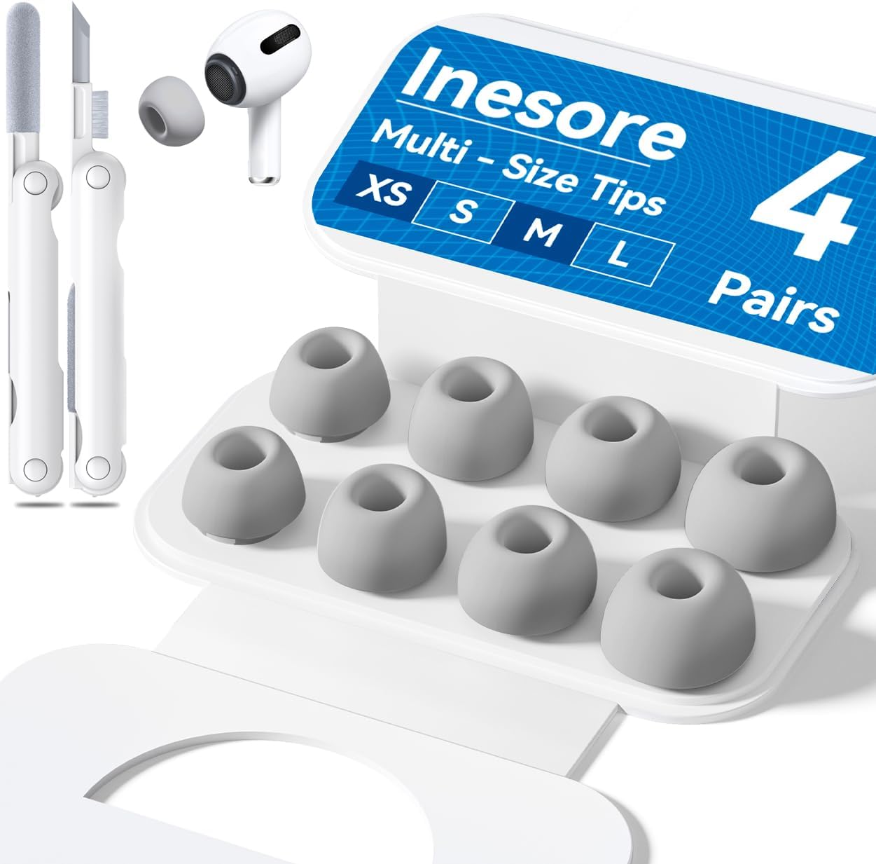 4 Pairs Replacement Ear Tips for AirPods Pro 2nd/1st Generation with Portable Storage Box & Cleaner Pen,Noise Reduction Holewith & Built-in dust Guard Screen,Silicone Ear Tips for AirPods Pro (White)