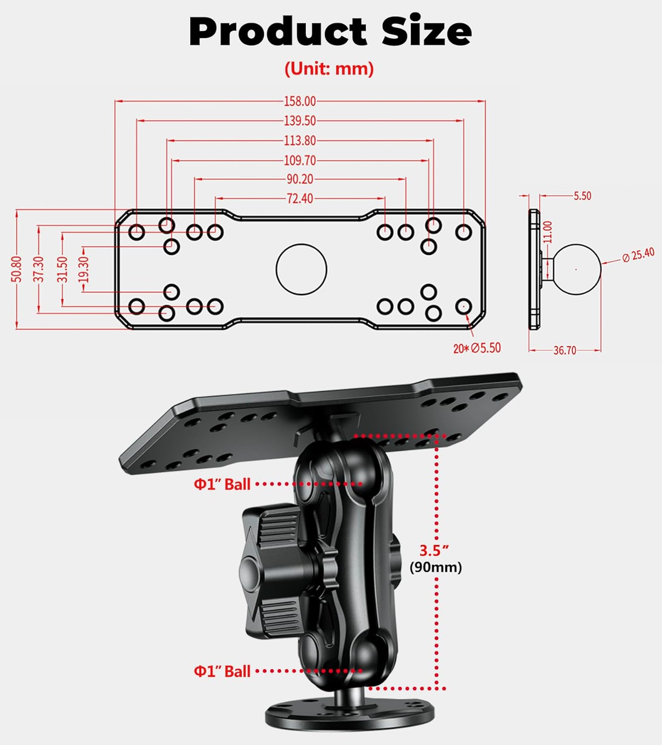 VAZESWIN Aluminum Alloy Fish Finder Mount with B Size 1" Ball Rectangle Plate & Round Base, 3.5" Medium Arm Marine Electronic Mount Compatible with Garmin, Lowrance, Humminbird, Raymarine and More