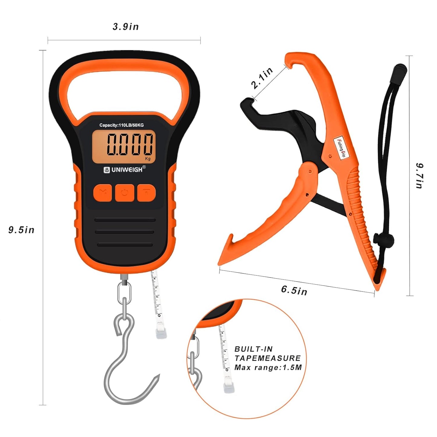 UNIWEIGH Digital Fish Scale Luggage Scale with Fish Lip Gripper, Backlight LCD Display 110lb/50kg Electronic Balance Digital Fishing Postal Hanging Hook Luggage Scale 2 AAA Batteries Included