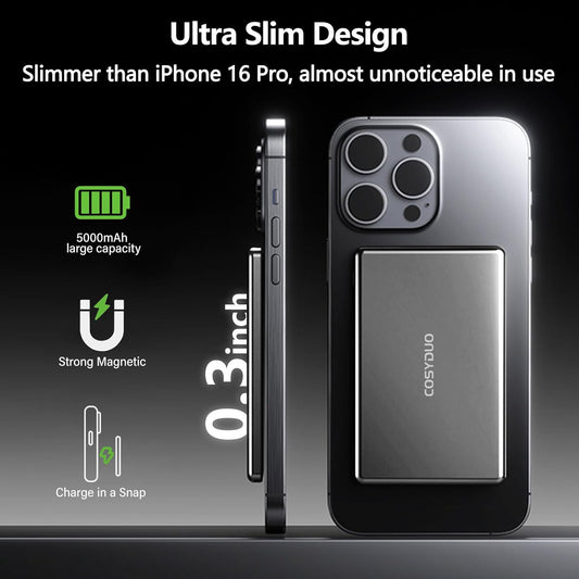 COSYDUO Slim Magnetic Battery Pack 5,000mAh Wireless Magnetic Power Bank Battery Pack, Ultra Slim 0.33IN Portable Charger for iPhone 16/15/14/13/12, Compact Power Bank with USB C 20W Fast Charging
