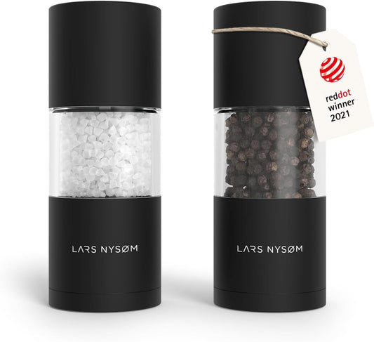 LARS NYSØM Salt and Pepper Grinder Set I Salt and Pepper Mills with Adjustable Ceramic Grinder 2 Pieces I Manual Design Spice Mill Set (Carbon Black) - PuriLite
