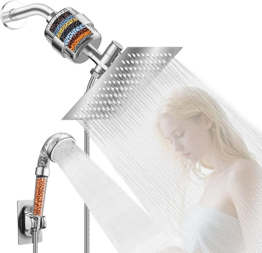 Dual Filter Shower Head with Handheld Spray - 20-Stage Water Softener for Hard Water, 3-Stage Filtration Handheld Shower Head Portable Rain Shower Head with Filter & Chrome Finish & Anti-Clog Nozzles