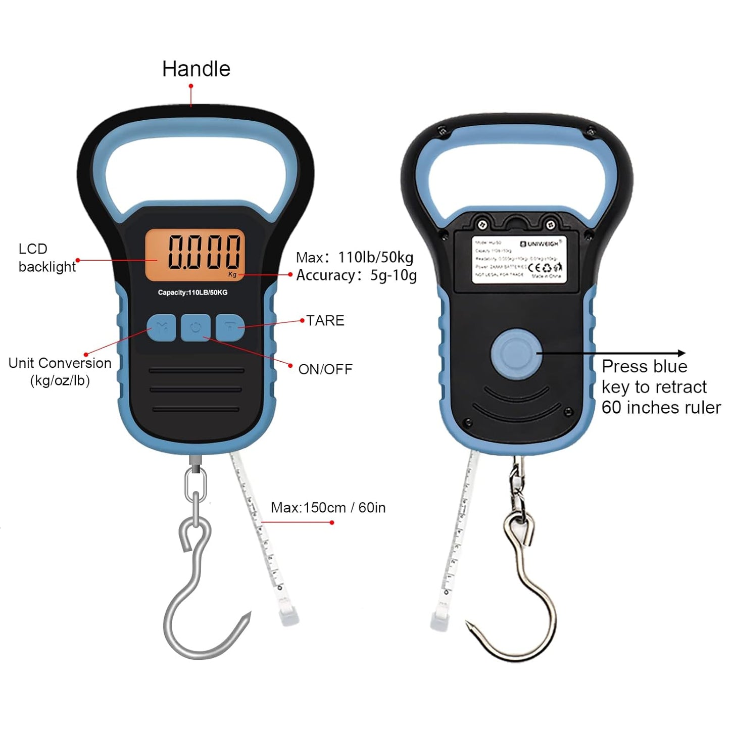 UNIWEIGH Digital Fish Scale Luggage Scale with Fish Lip Gripper, Backlight LCD Display 110lb/50kg Electronic Balance Digital Fishing Postal Hanging Hook Luggage Scale 2 AAA Batteries Included