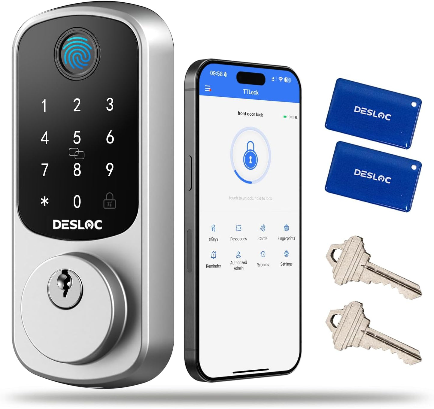 DESLOC B200 Fingerprint Smart Door Lock, Keyless Entry Door Lock, App Control, Easy Installation, Front Door Smart Deadbolt Lock, Touchscreen Keypad, Emergency Power Port, 12 Months Battery, IP54