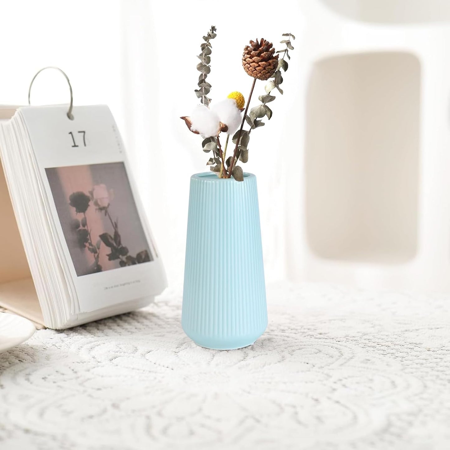 White Ceramic Vase, GUKJOB Small Cute Flower Vase for Pampas Grass, Home, Living Room, Dining Table, Farmhouse, Office Decor, Bedroom, Table, and Kitchen Shelf (White)
