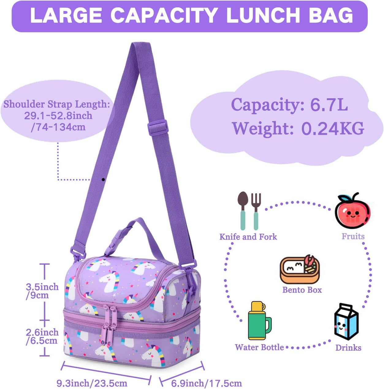 VASCHY Lunch Box Bag Men, Insulated Two Compartments Bento Cooler Bags for Adults/Women/Kids for School,Daycare,Kindergarten,Picnic Black