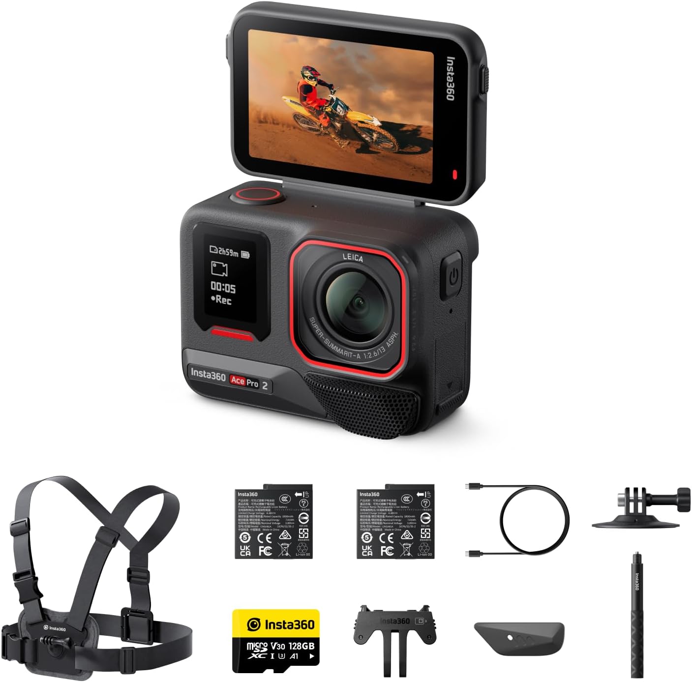 Insta360 Ace Pro 2 Get-Set Bundle- 8K Waterproof Action Camera Co-Engineered with Leica, 1/1.3" Sensor, Dual AI Chip, Leading Low Light, Superior Audio, Flip Screen & AI Editing, Dual Battery
