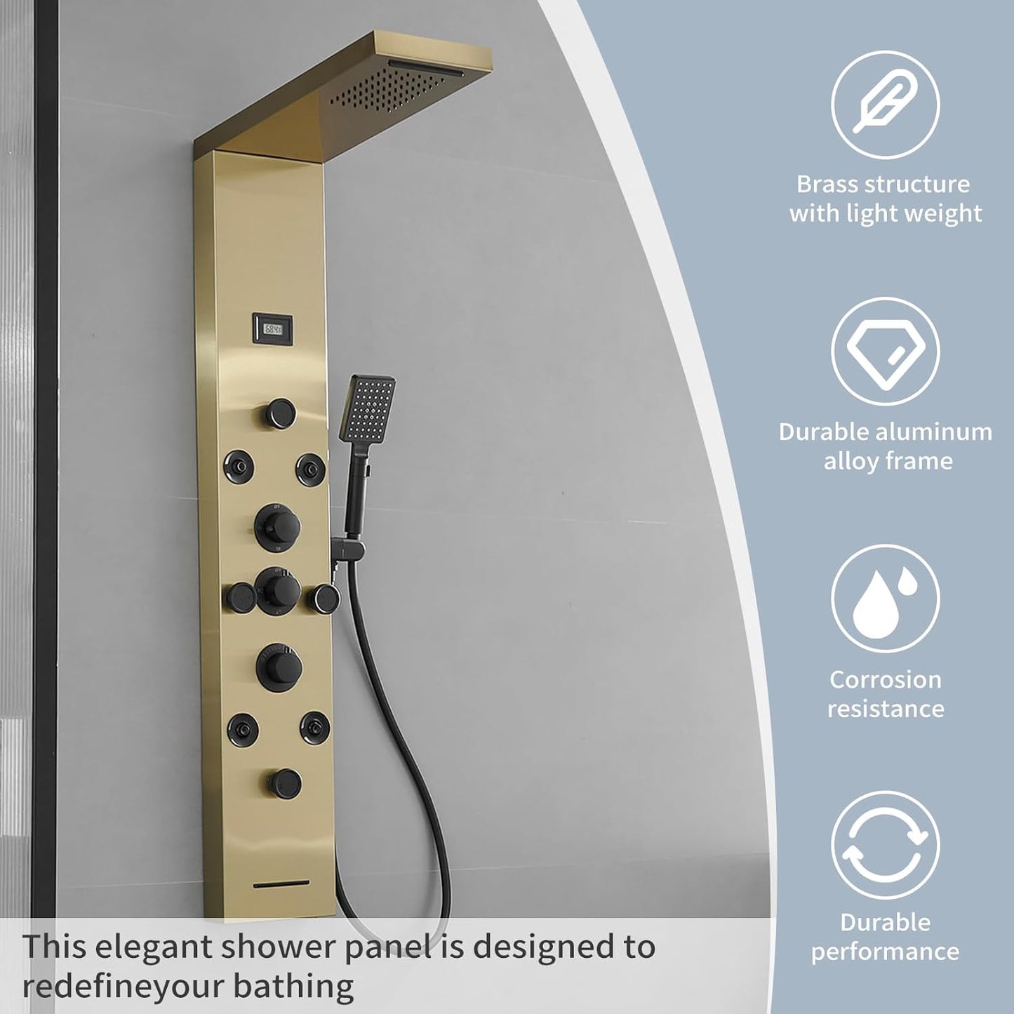 Bathfinesse Shower Tower Bathroom Shower Panel System Rain Massage System 6 in 1 Body Spray Jets Shower Wall Panels Rainfall Waterfall Shower Head Tub Spout with Temperature Display,Matte Black