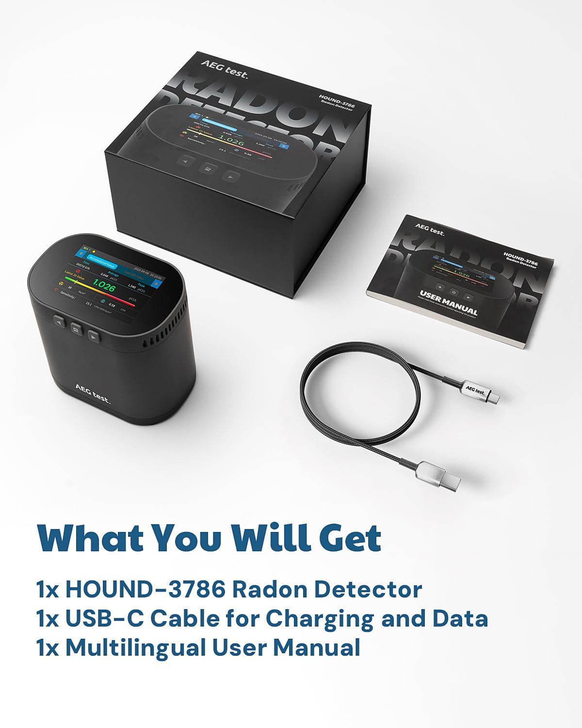 AEGTEST HOUND-3786 Radon Detector for Home, 10-Min Update, 3.5" Large Display, Rechargeable, Long-Term Radon Monitoring with Data Charts, Audible & Visual Alarm, PDF Export, pCi/L & Bq/m³ -Black