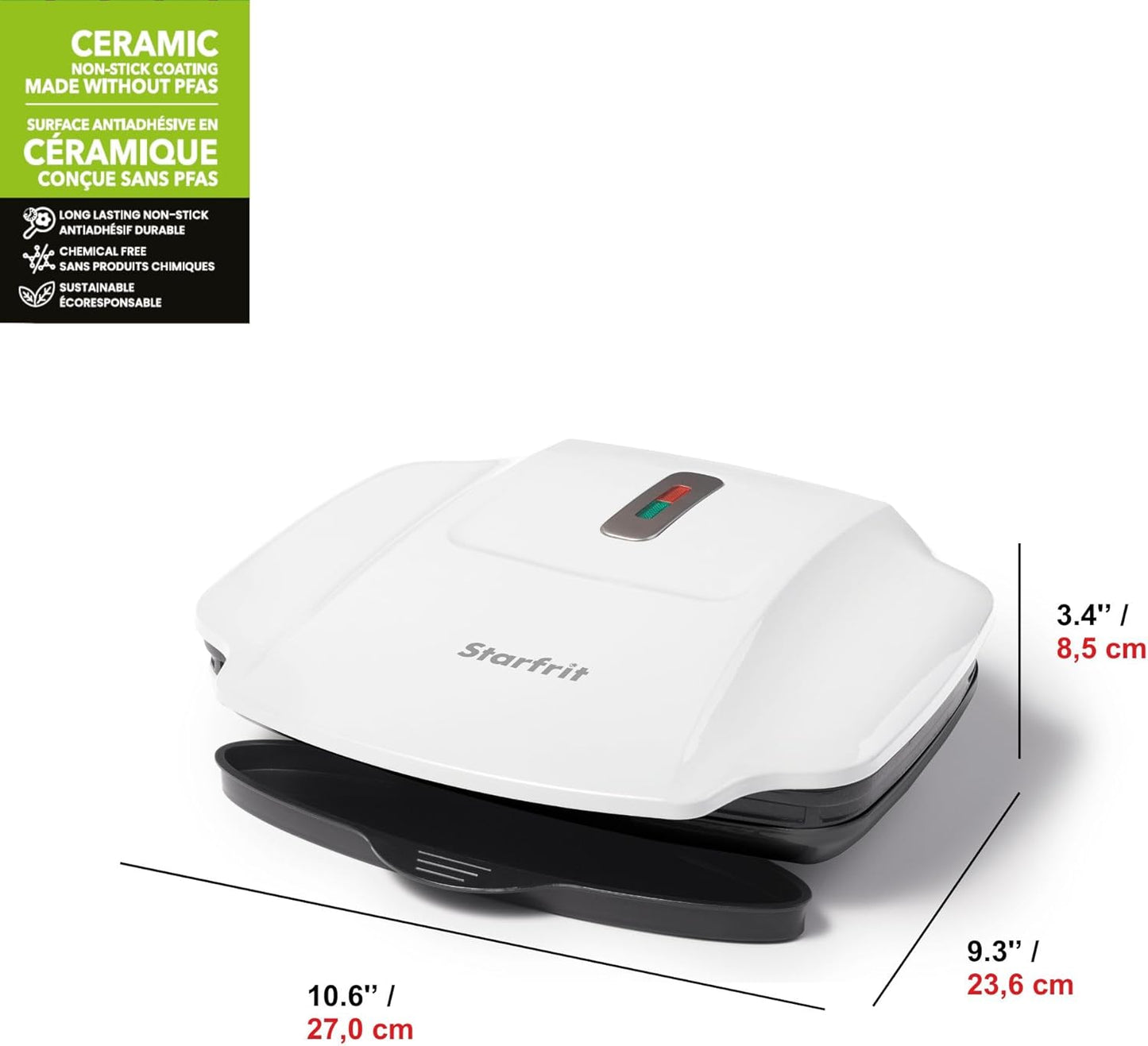 Starfrit Grill And Panini Press With Ceramic Coating - Non-Stick Coating - Removable Fat And Oil Collection - White