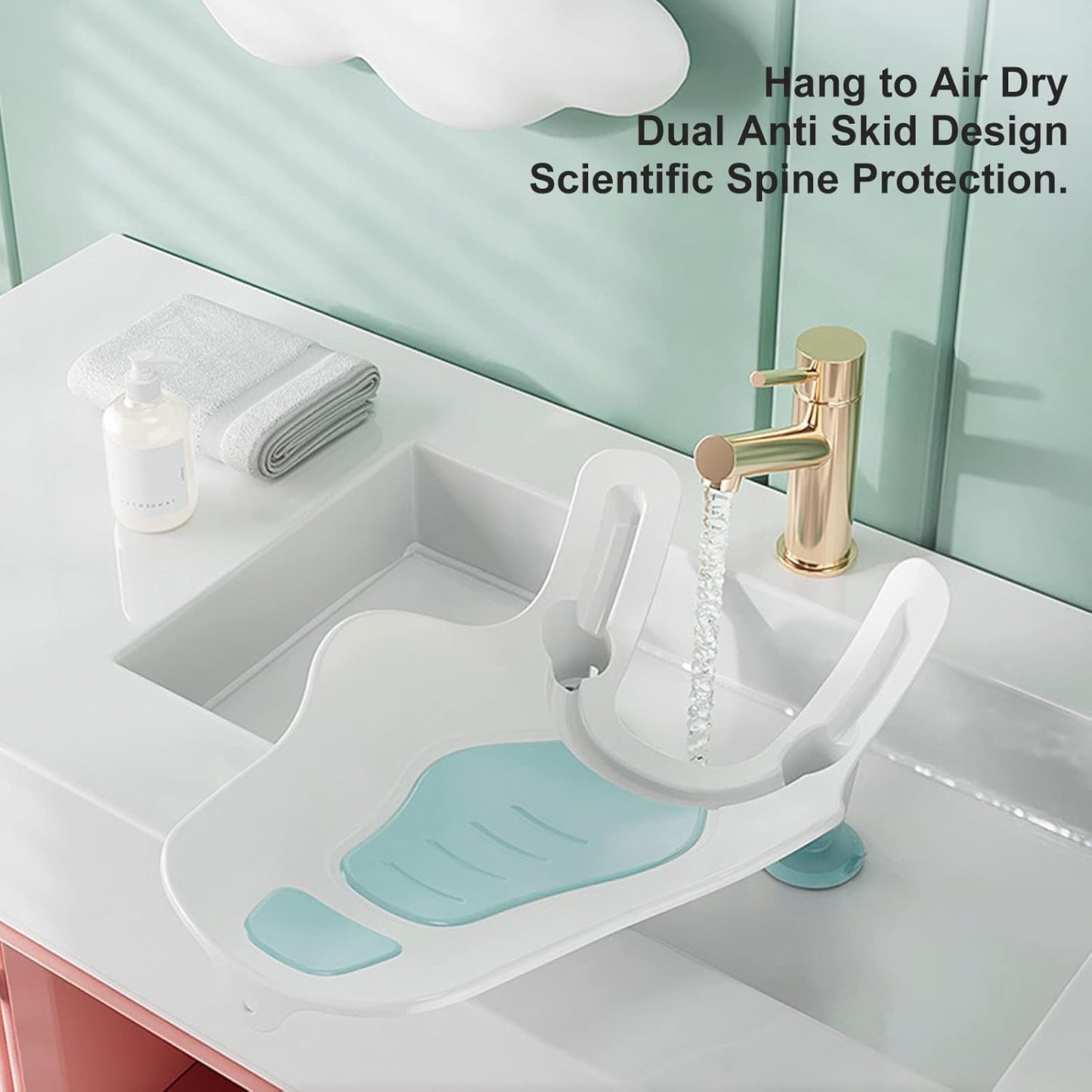 Clean Rinse Baby Bather, Folding Portable Washing Infant Lying Bather for Boy Girl, Multifunction Quick Dry Bath Support for Use on the Counter Sink Bathtub Summer (Mint Green)