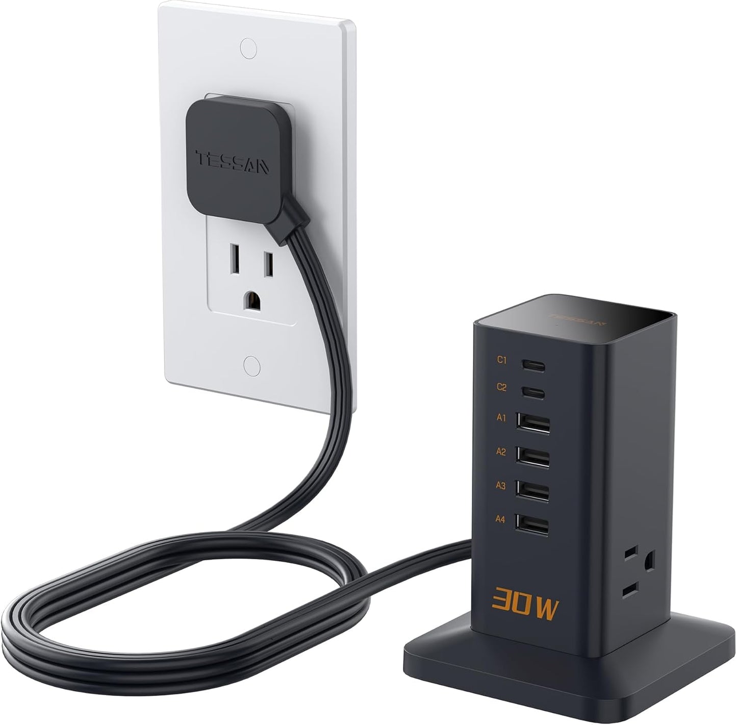 Charging Station, TESSAN 65W Max GaN USB C Charger Block, 6-Ports and 3 AC Outlets Power Tower, Fast Charging for Multiple Devices, Compatible with iPhone, Samsung and More