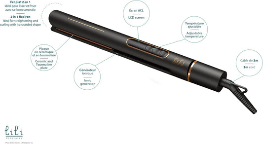 LILI HOTPLATES Professional Hair Straightener & Curler 2 in 1 | Tourmaline Ceramic Ionic Flat Iron and Curler for Waves, Curls and Straight Hair | 265-450°F with LCD Screen & Extra Long 3m Cord