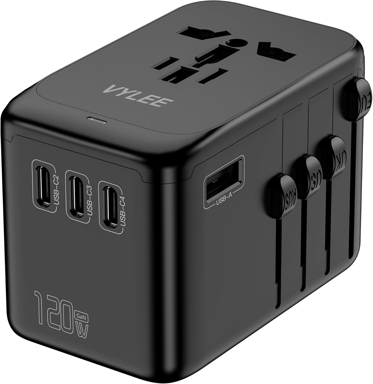 VYLEE Universal Travel Adapter, 65W Fast GaN International Power Adapter, 3PD USB-C+1QC USB-A European Travel Plug Adapter, US, UK, EU, AU Worldwide Travel Charger for Laptops, Tablets, Phones
