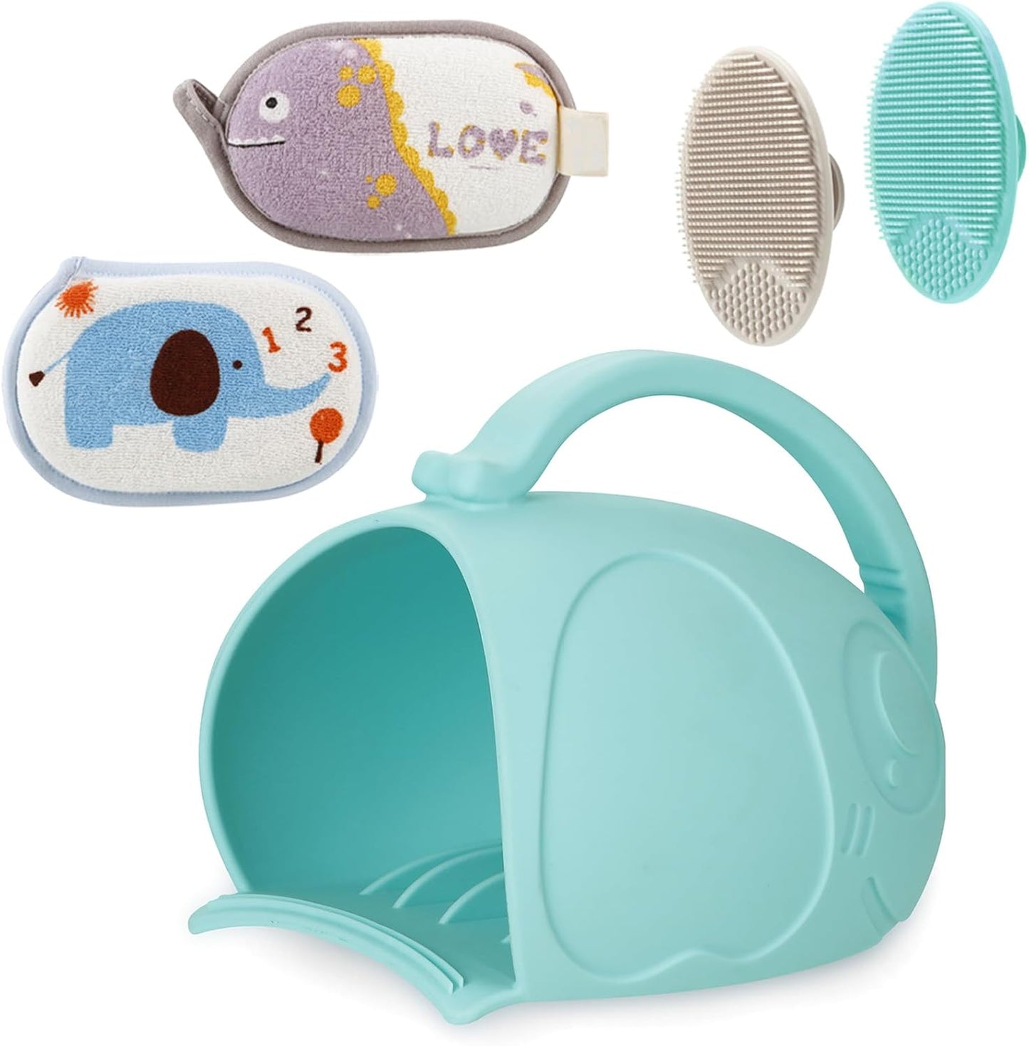 PandaEar Baby Bath Rinse Cup, Silicone Baby Shampoo Rinse Cup with 2 Baby Bath Sponge and 2 Cradle Cap Brush for Infants, Toddler Body Bath Essentials