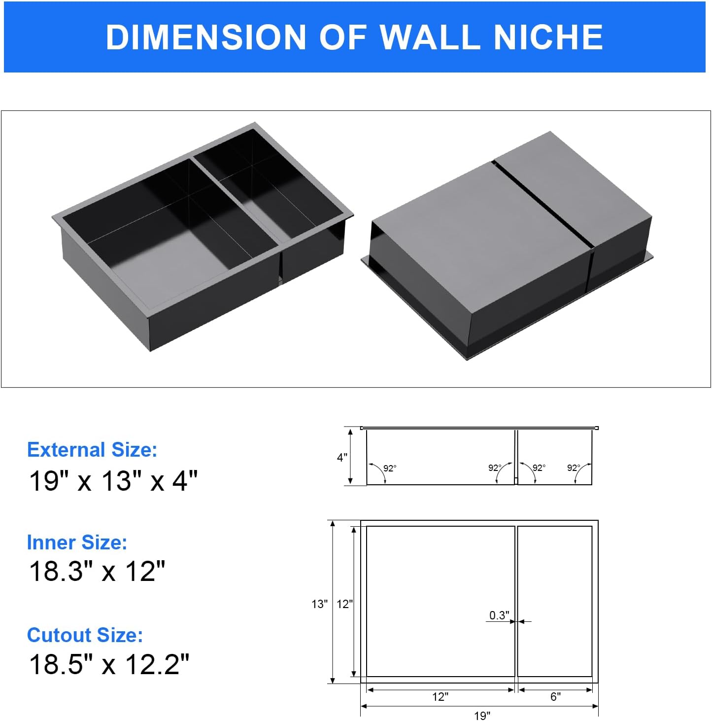 MENATT No Tile Shower Niche, Stainless Steel Wall Niche 13"X19"(Inner Size 12"X18"), Two-Tier Bathroom Shelf, NO Tile Needed Recessed Niche Shower for Bathroom Storage, Black