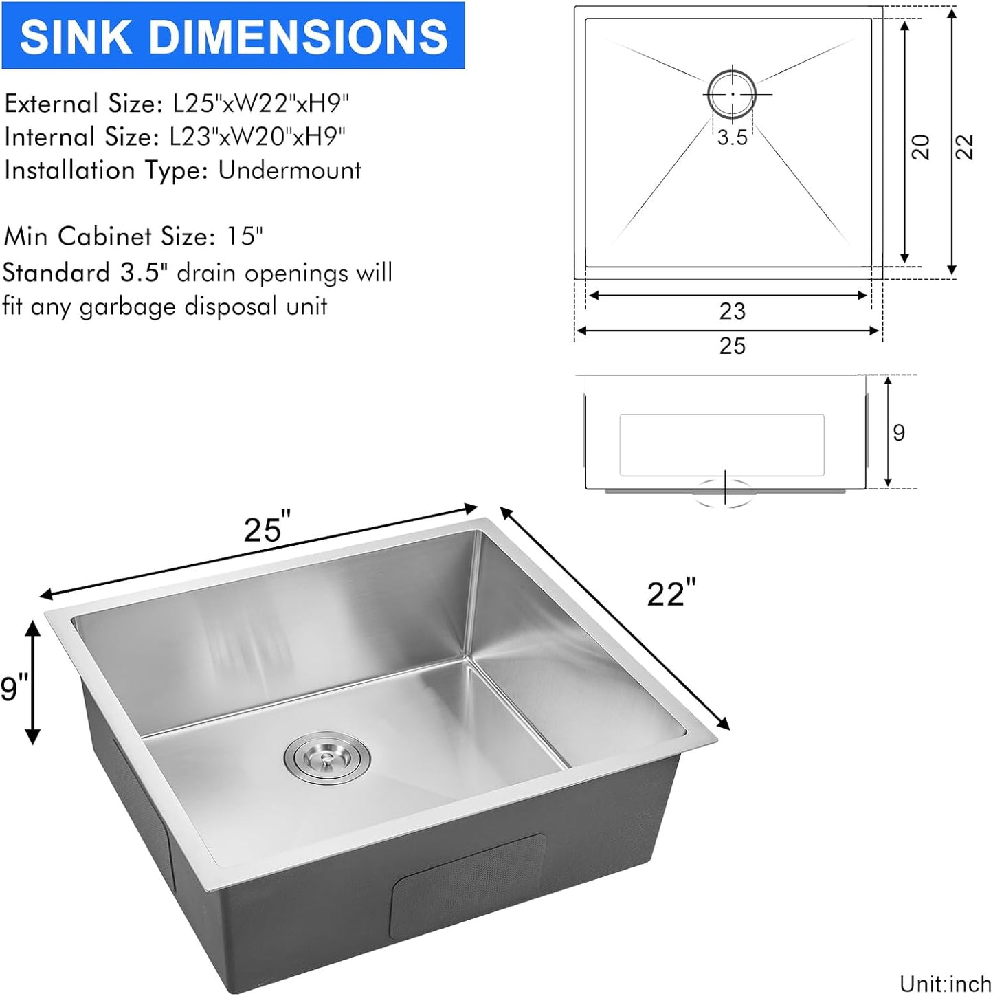MENATT 20-inch Undermount Kitchen Sink, SUS304 Stainless Steel Handmade Single Bowl Kitchen Sink with Sink Strainer (Brushed), 20"x16"x9"