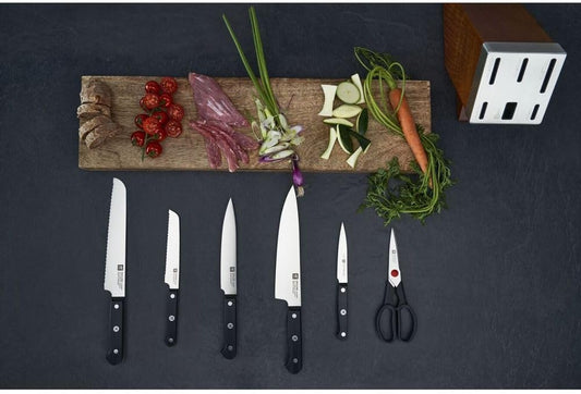 ZWILLING Gourmet 7-Piece Self Sharpening Block Set | Set Contains : 4" Paring | 6" Utility | 5" Tomato/Utility | 8" Bread | 8" Chef | Twin L Multi-Purpose Scissors - PuriLite