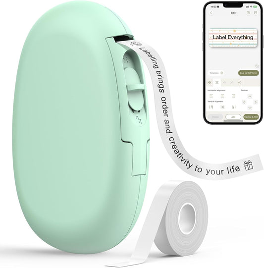 SUPVAN E10 Mini Bluetooth Label Maker Machine with Tape, Continuous Waterproof Label, Versatile App with 40+ Fonts and 600+ Icons, Inkless Labeler for Home, Kitchen, School, Office Organization, Green