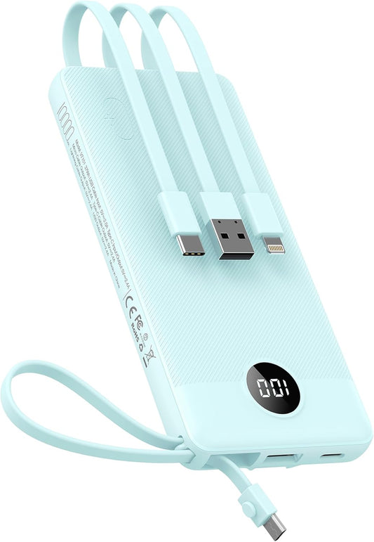 VEEKTOMX Power Bank with Built-in Cables 10000mAh Portable Charger for iPhone Slim Fast Charge USB C Battery Pack Travel Essentials Powerbank Compatible with iPhone, Samsung, Android, etc