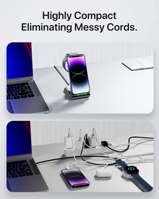 Intoval Wireless Charging Station,3 in 1 Charger for Apple iPhone/iWatch/Airpods,iPhone16,15,14,13,12,11 (Pro,Pro Max)/XS/XR/XS,iWatch10/9/8/Ultra2/1/7/6/SE/5/4/3/2,Airpods Pro2/Pro/3/4 (A3,Black) - PuriLite