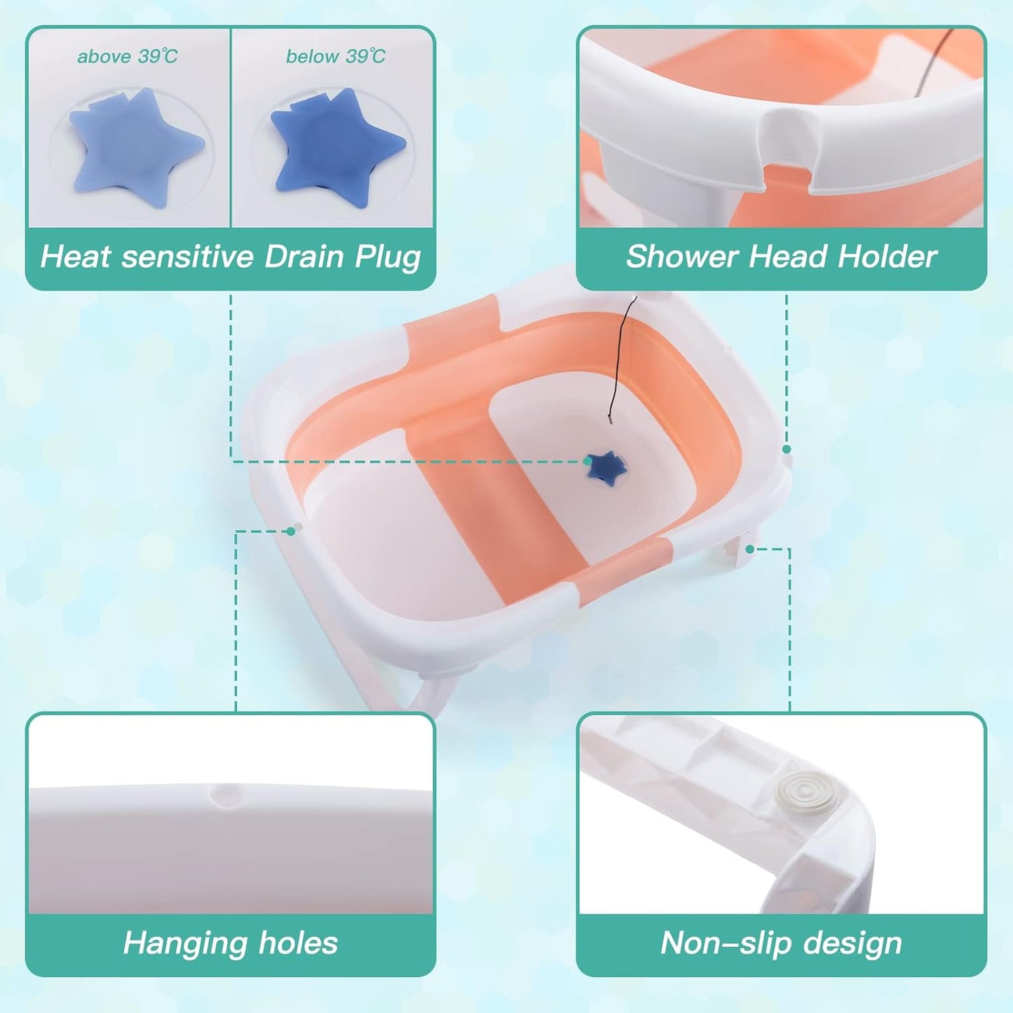 Baby BathTub, 4-in-1 Newborn to Toddler Tub with Temperature Sensor,Infant Waterproof Ear Cap and Soft Cushion included,Pink