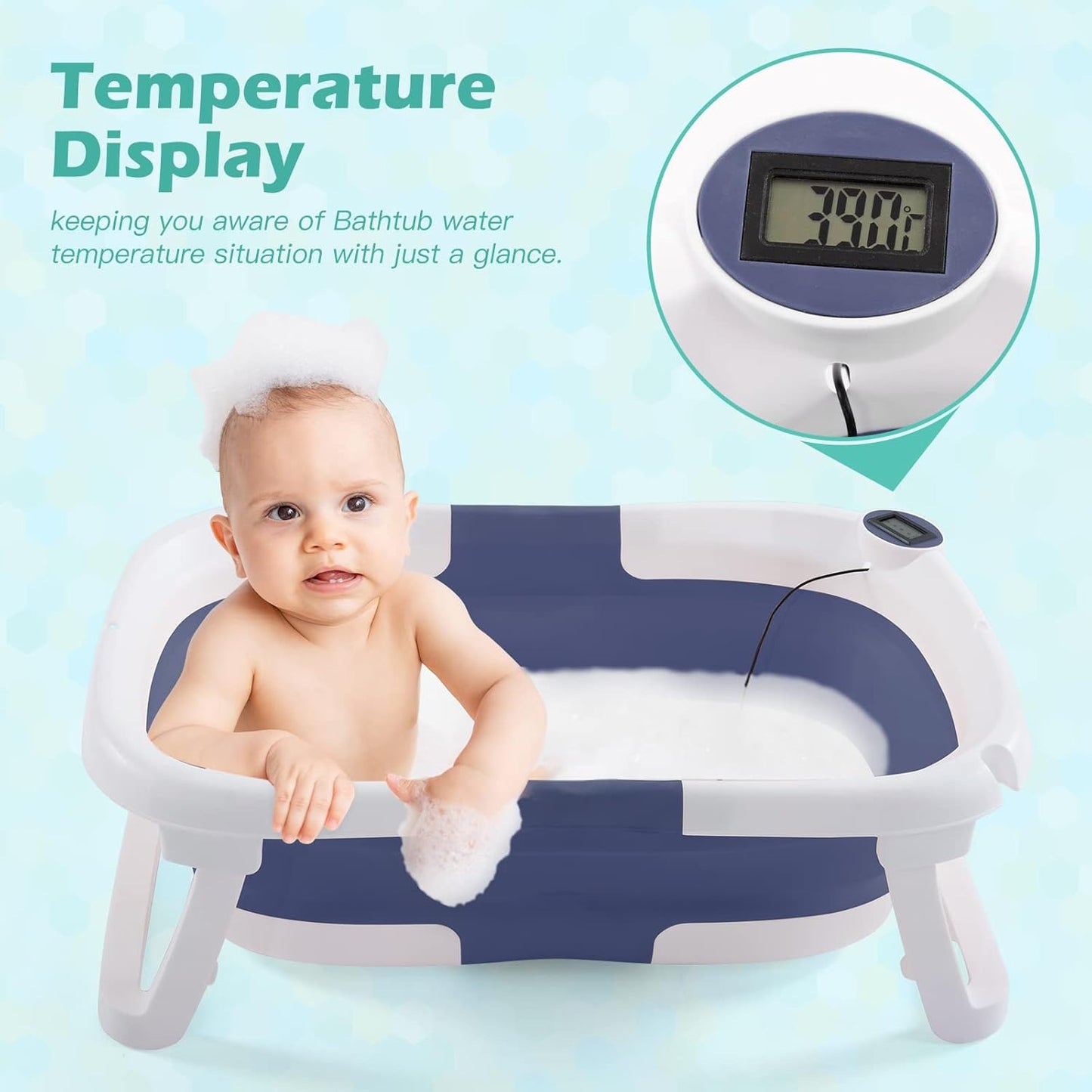 nordmiex Foldable Baby Bathtub for Infants to Toddler,Portable Travel Multifunctional with Drain Hole,Collapsible Newborn 0-36 Month (Blue White+Baby Bath Cushion+Waterproof Ear Cap)