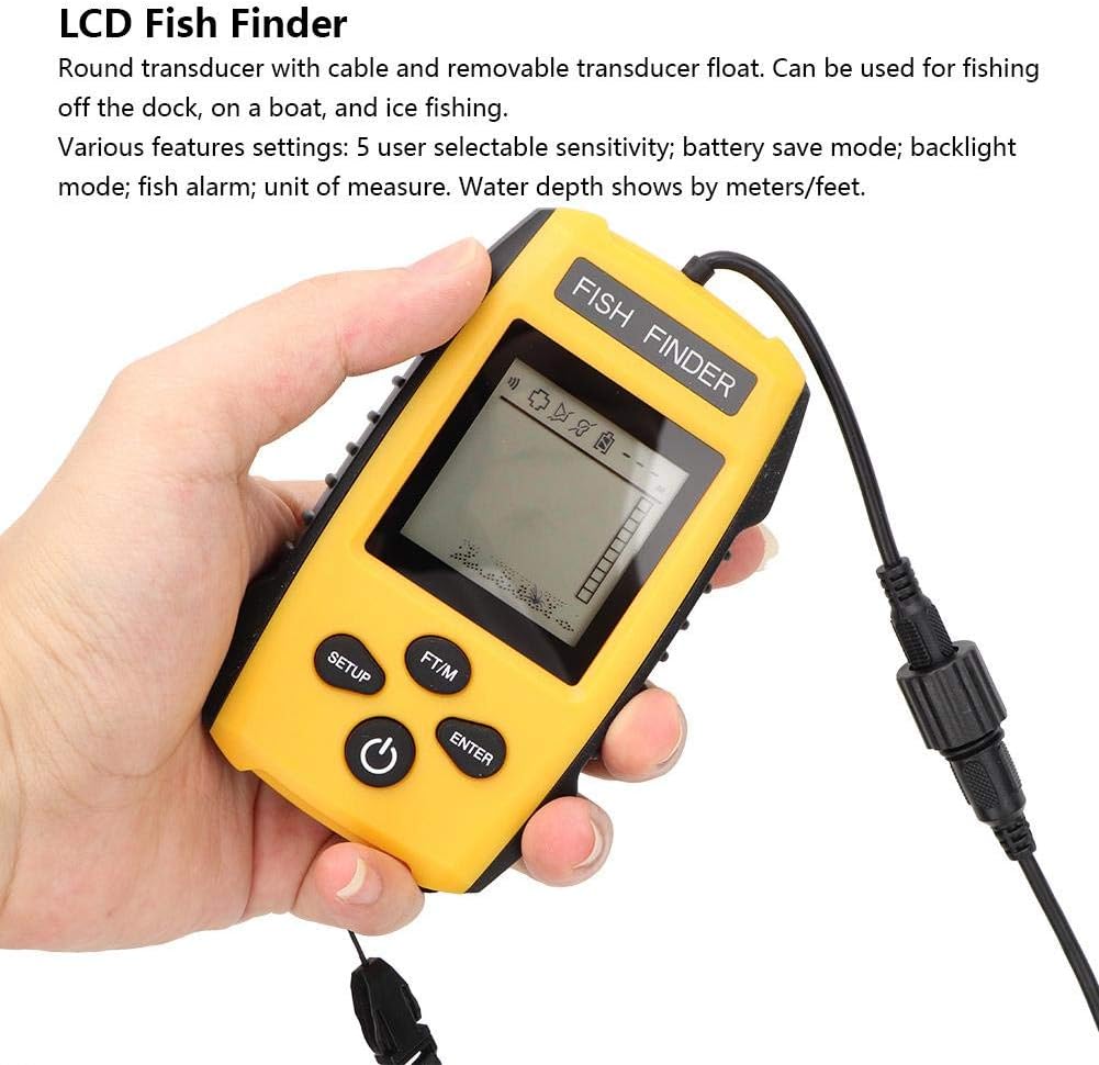 Oumefar Handheld LCD Display Fish Finder Portable Fishing Kayak Fishfinder Contour Readout Fish Depth Finder Wired Transducer with Sonar Sensor LCD Display