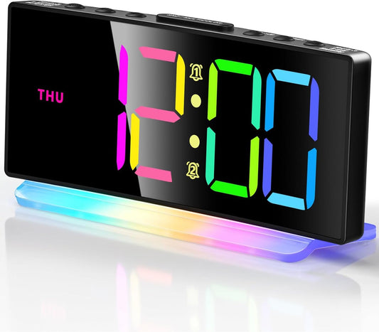 YUNJAYI Kids Alarm Clock for Bedroom, Dynamic RGB LED Digital Clock Large Display with 7 Color Night Lights, Dual Alarm Clocks Bedside, Snooze, 4 Levels Brightness, 3 Volume, 12/24H, Power-Off Memory