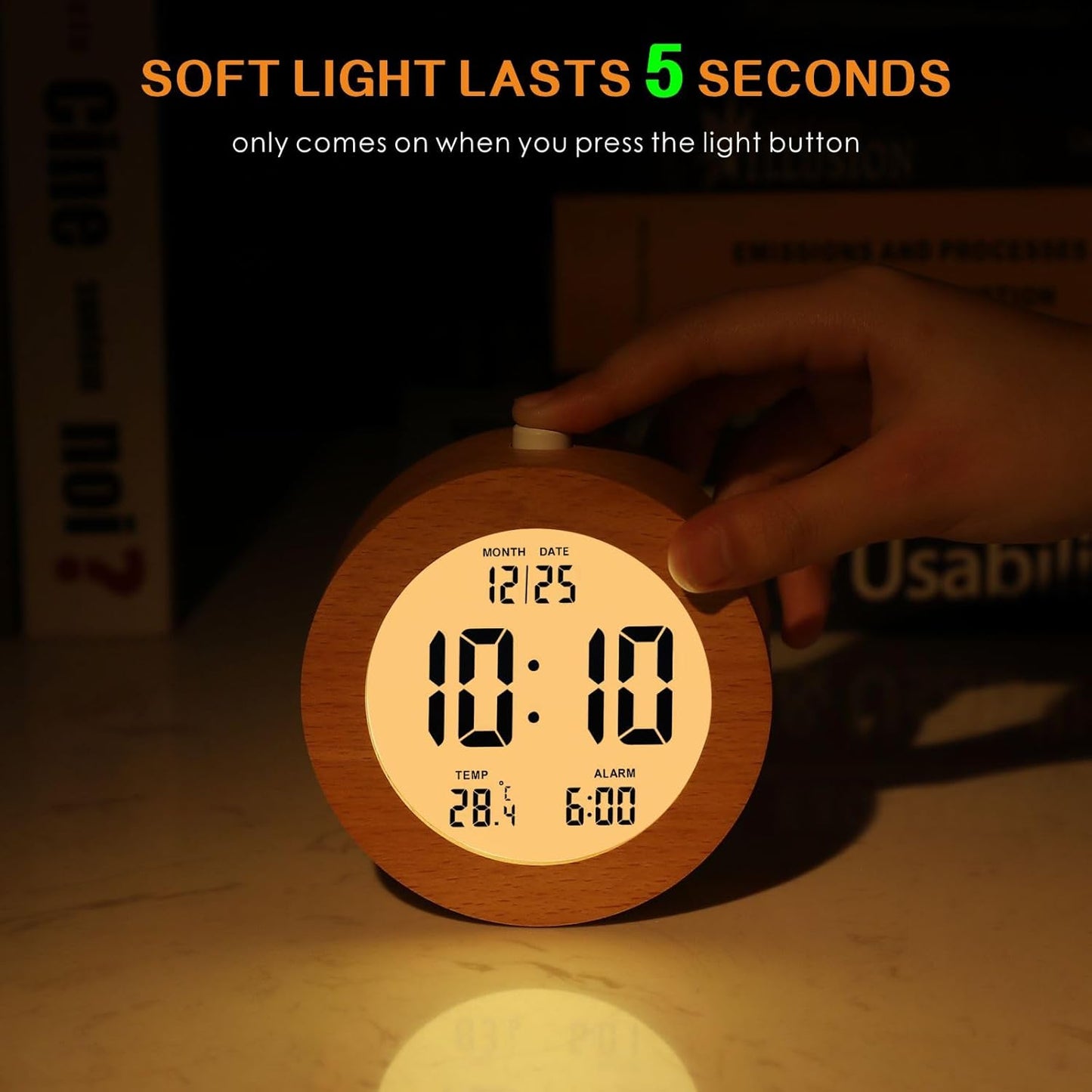 Plumeet Wooden Digital Alarm Clock for Bedrooms, Wood 4'' Battery Powered Alarm Clock with Snooze and Nightlight, Electronic LCD Desk Clock Display Time, Date, Temp, 12/24H, Wood Décor (Sapele, 3.2'')