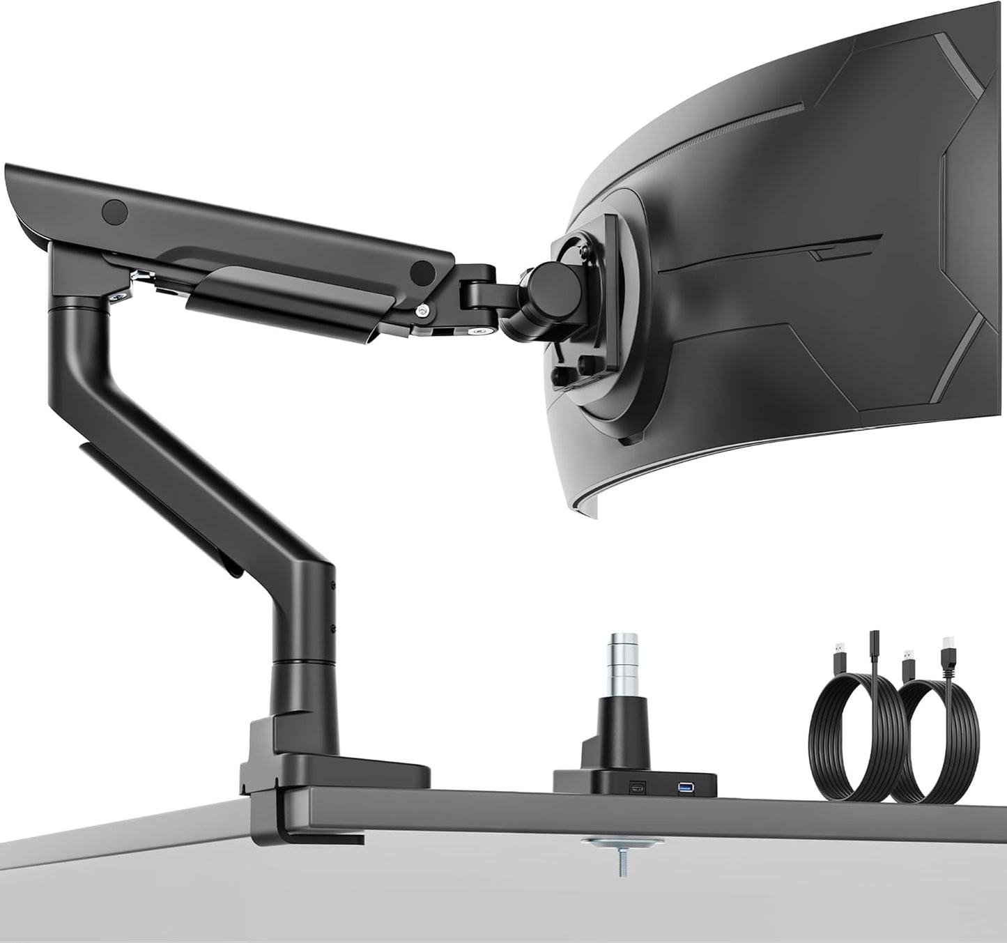 monTEK Premium Aluminum Monitor Arm for 17–57” Ultrawide Screens up to 59 lbs, USB 3.0 Single Desk Mount with Adjustable Gas Spring, Quick-Release Plate, 10-Min Assembly, Clamp/Grommet, VESA 100x100