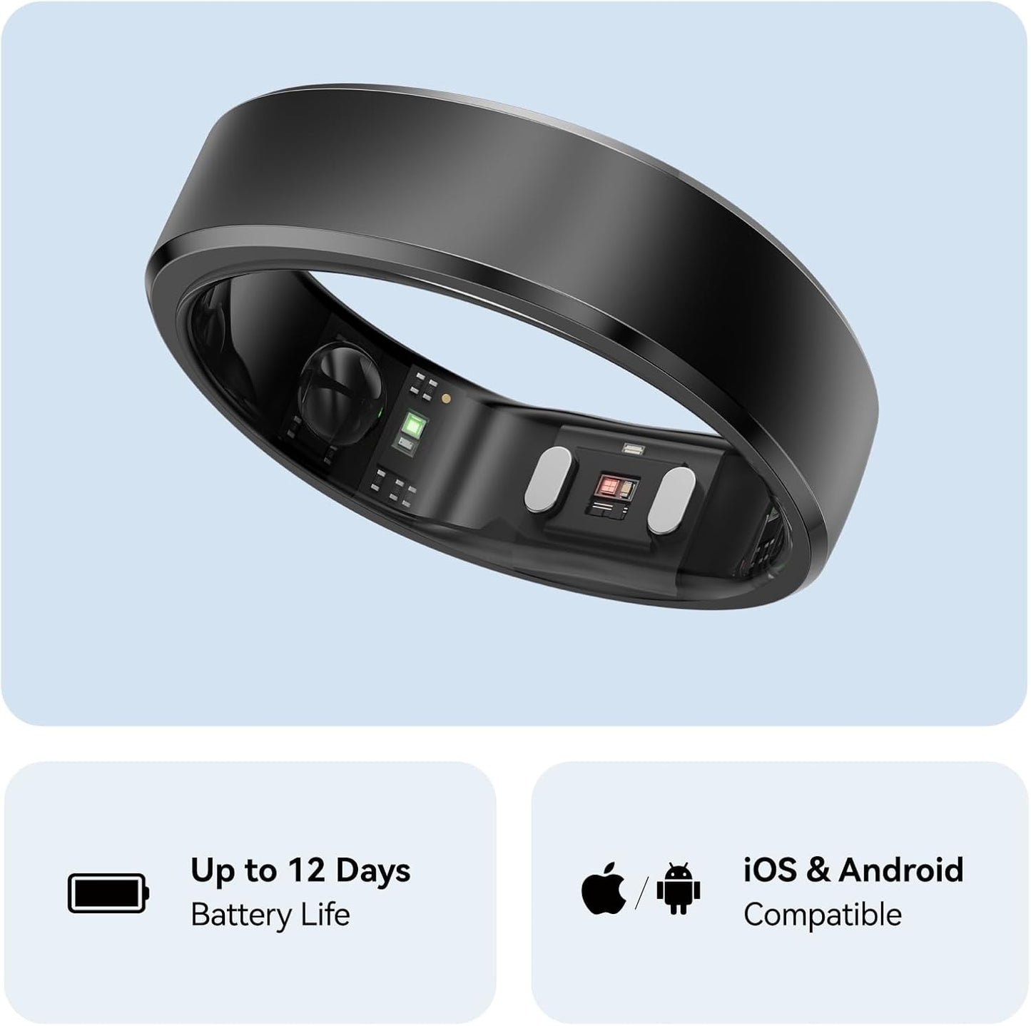 RingConn Gen 2 Smart Ring, No App Subscription, Size First with Sizing Kit, 12-Day Battery Life, Stress/Women's Health Tracker, Compatible with Android & iOS (Black, Size 8)