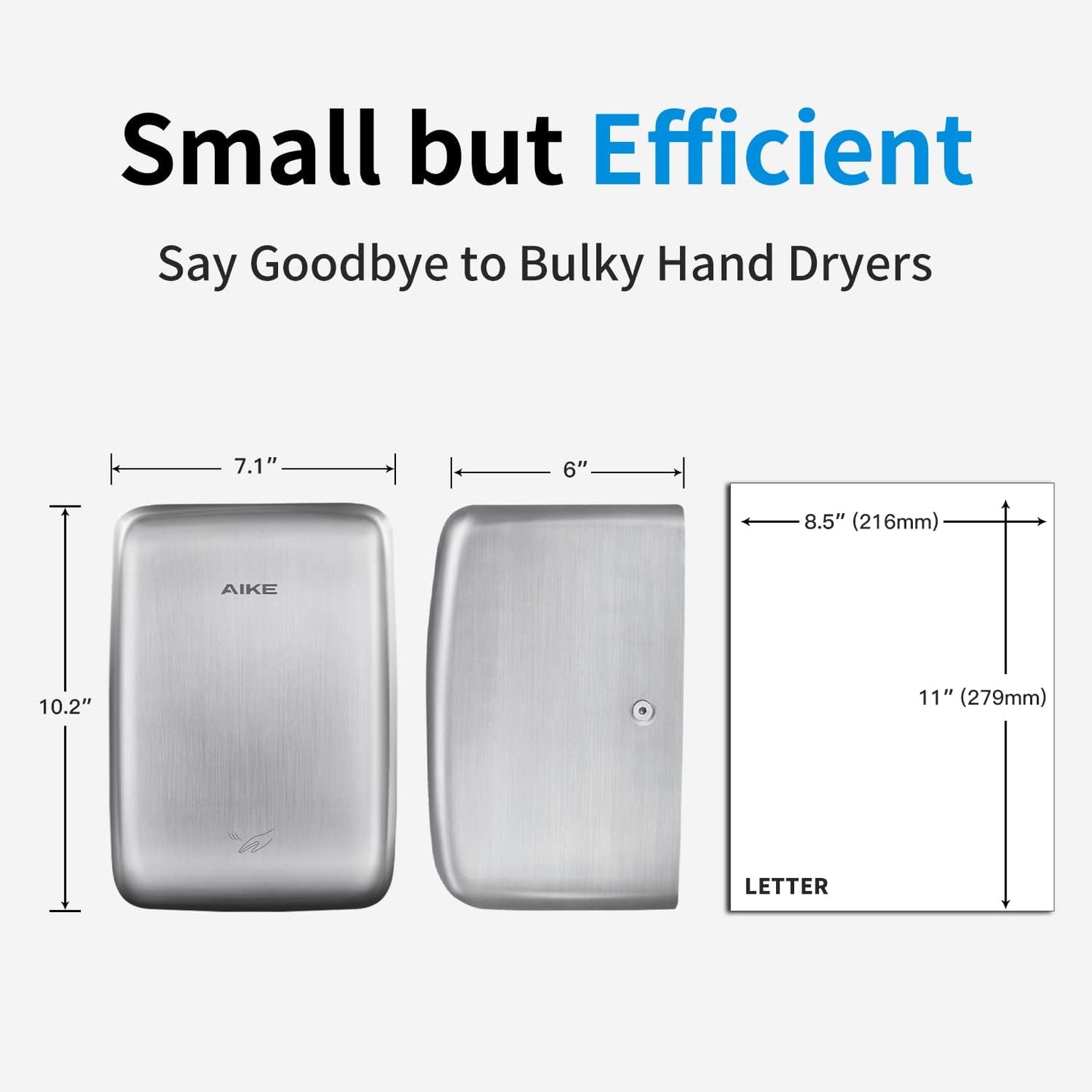 AIKE UL Approved Compact Jet Hand Dryer Hard-Wired Friendly, 1350W 120V Brushed Stainless Steel Model AK2803D