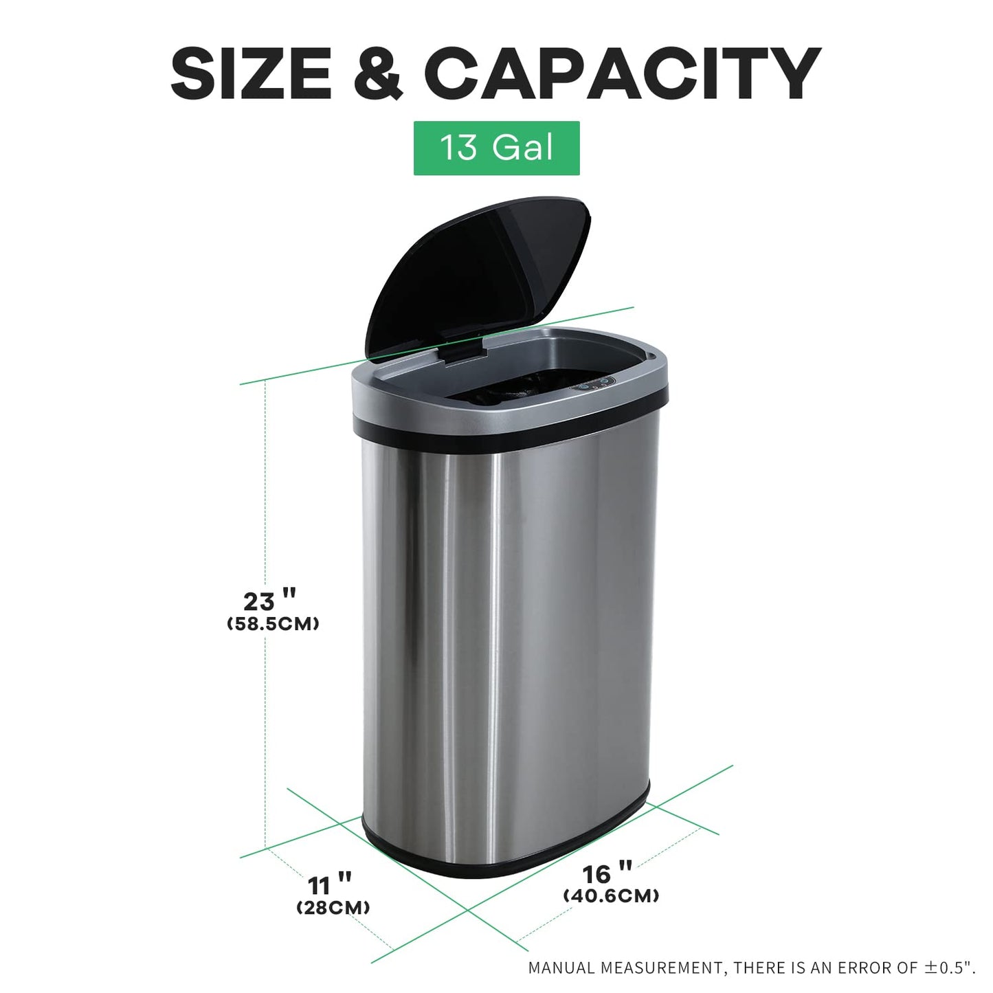 13 Gallon Sensor Garbage Can Stainless Steel Kitchen Garbage Can with Lid Antomatic Garbage can for Kitchen Office Bedroom Bathroom Living Room,Black