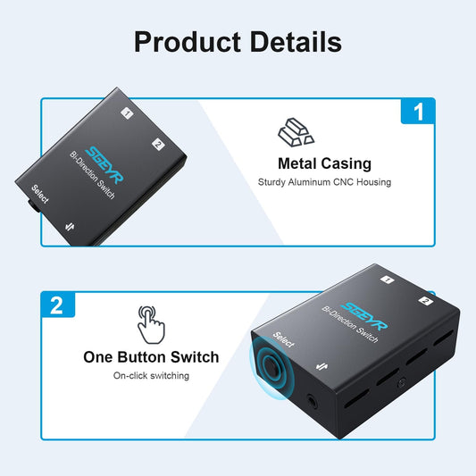SGEYR Audio Switch 3.5mm Bi-Direction Switch, Stereo Audio Switcher 2 in 1/1 in 2 Out, Audio Switch Selector for Phone Speakers Headhphone - PuriLite