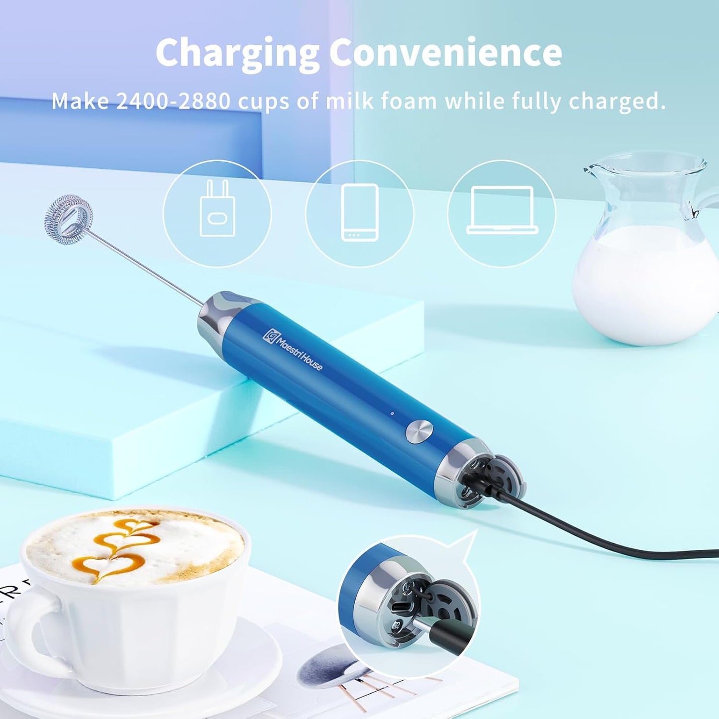 Maestri House Rechargeable Milk Frother, Handheld Electric Foam Maker Waterproof Detachable Stainless Steel Whisk Drink Mixer Foamer with Stand,LunaFro