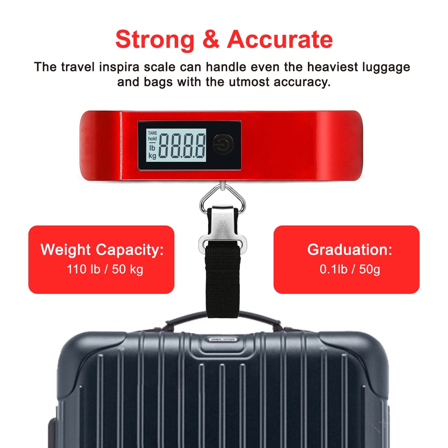 travel inspira Luggage Scale, Portable Digital Hanging Baggage Scale for Travel, Suitcase Weight Scale with Rubber Paint, 110 Pounds, Battery Included - Blue