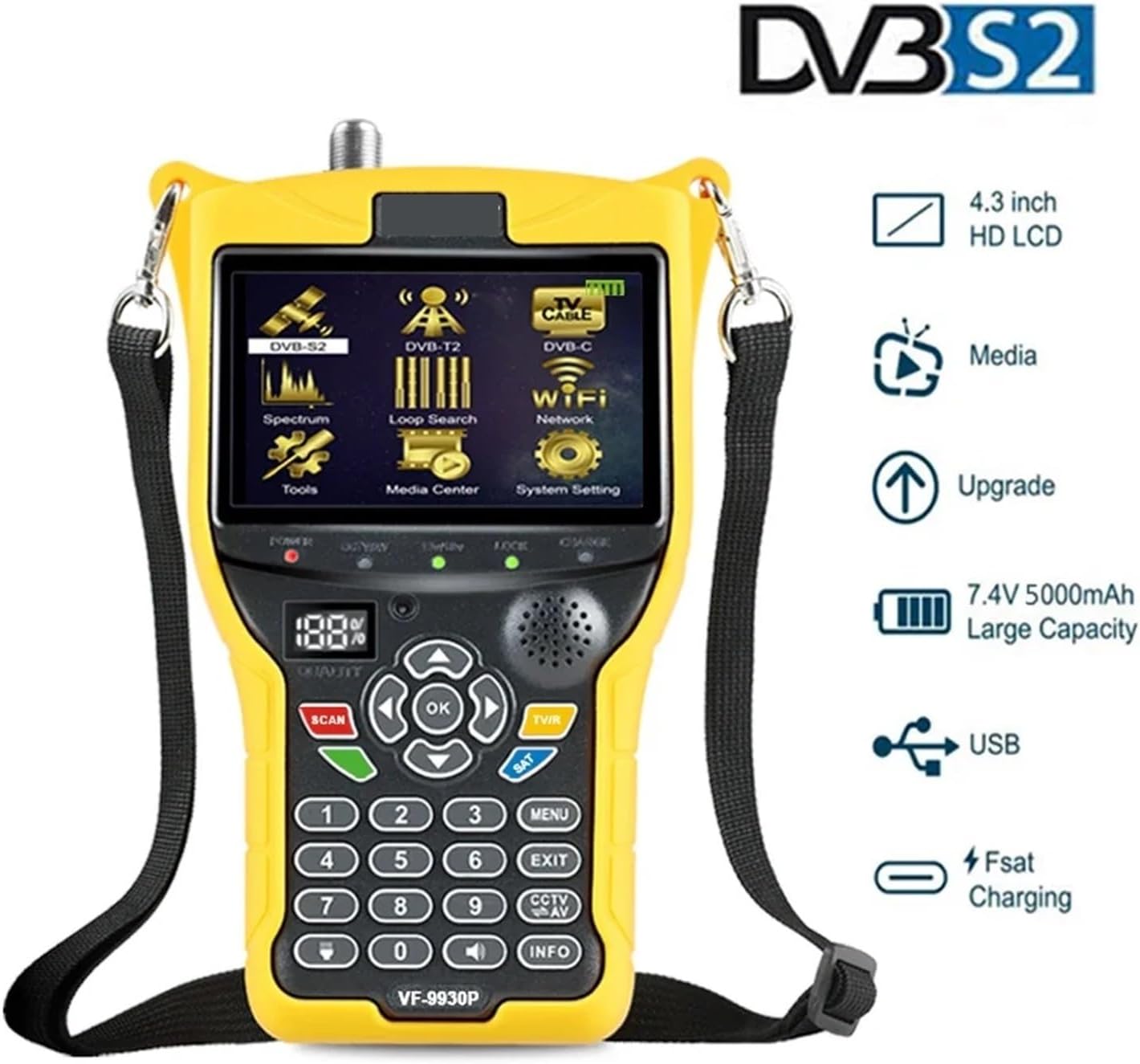 VF-9930 DVBS2/T/T2/C Satellite TV Finder 4.3 Inch High Resolution LCD Screen Signal Finder for Dish Network Directv